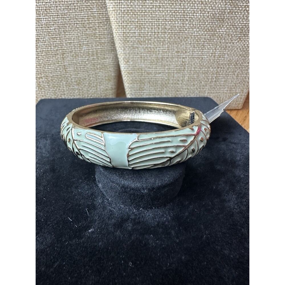 Sequin Nordstrom Mint Green Palm Gold Tone Statement Enamel Bangle Bracelet #189